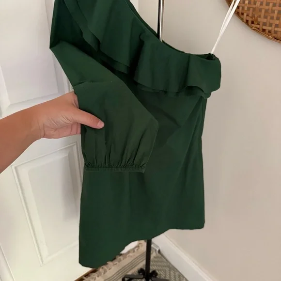 J Crew Mercantile Womens One Shoulder Ruffle Green Shift Dress Size 6 Fall Chic - Picture 5 of 10
